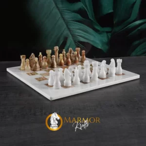 White and Green Onyx Handmade 15 Inches High Quality Onyx Marble Chess Set (With Storage Box)