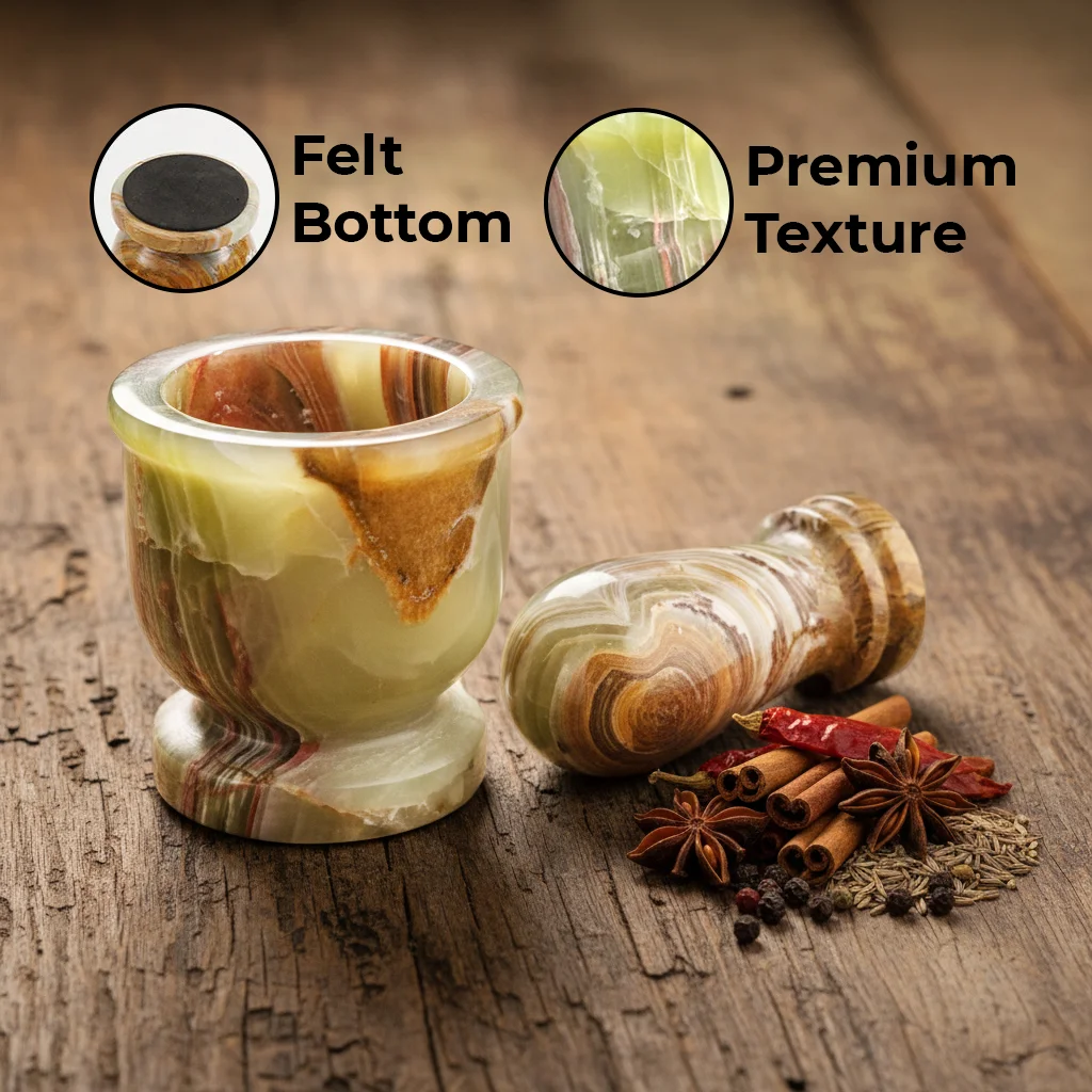 Mini Crusher features: Felt bottom for stability and premium marble texture, shown with aromatic spices including star anise and cinnamon