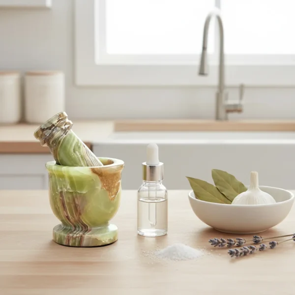 Mini Crusher mortar and pestle in modern kitchen setting with essential oils and bay leaves on wooden countertop