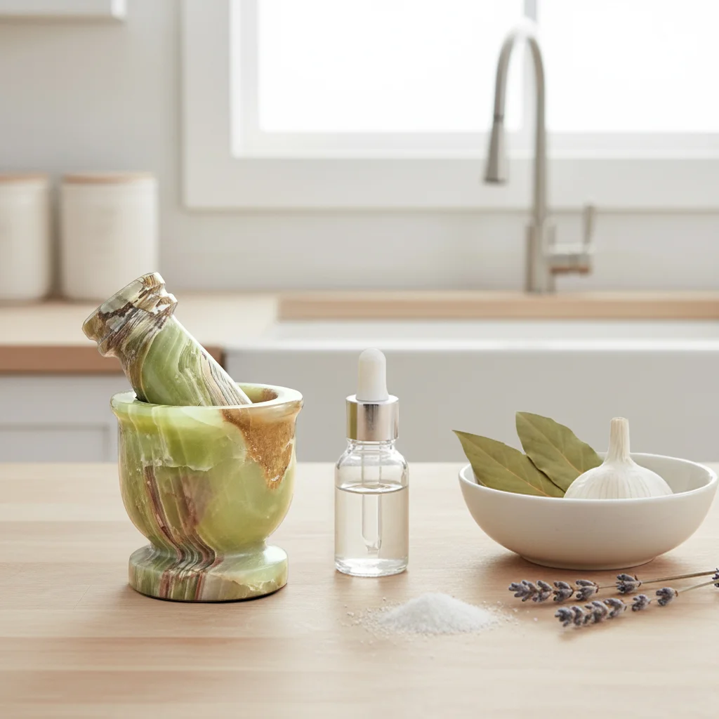 Mini Crusher mortar and pestle in modern kitchen setting with essential oils and bay leaves on wooden countertop