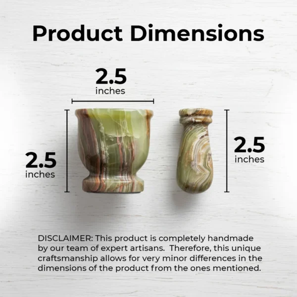 Product Dimensions - Mini Crusher mortar and pestle specifications showing 2.5 inches height and width measurements with handmade craftsmanship disclaimer