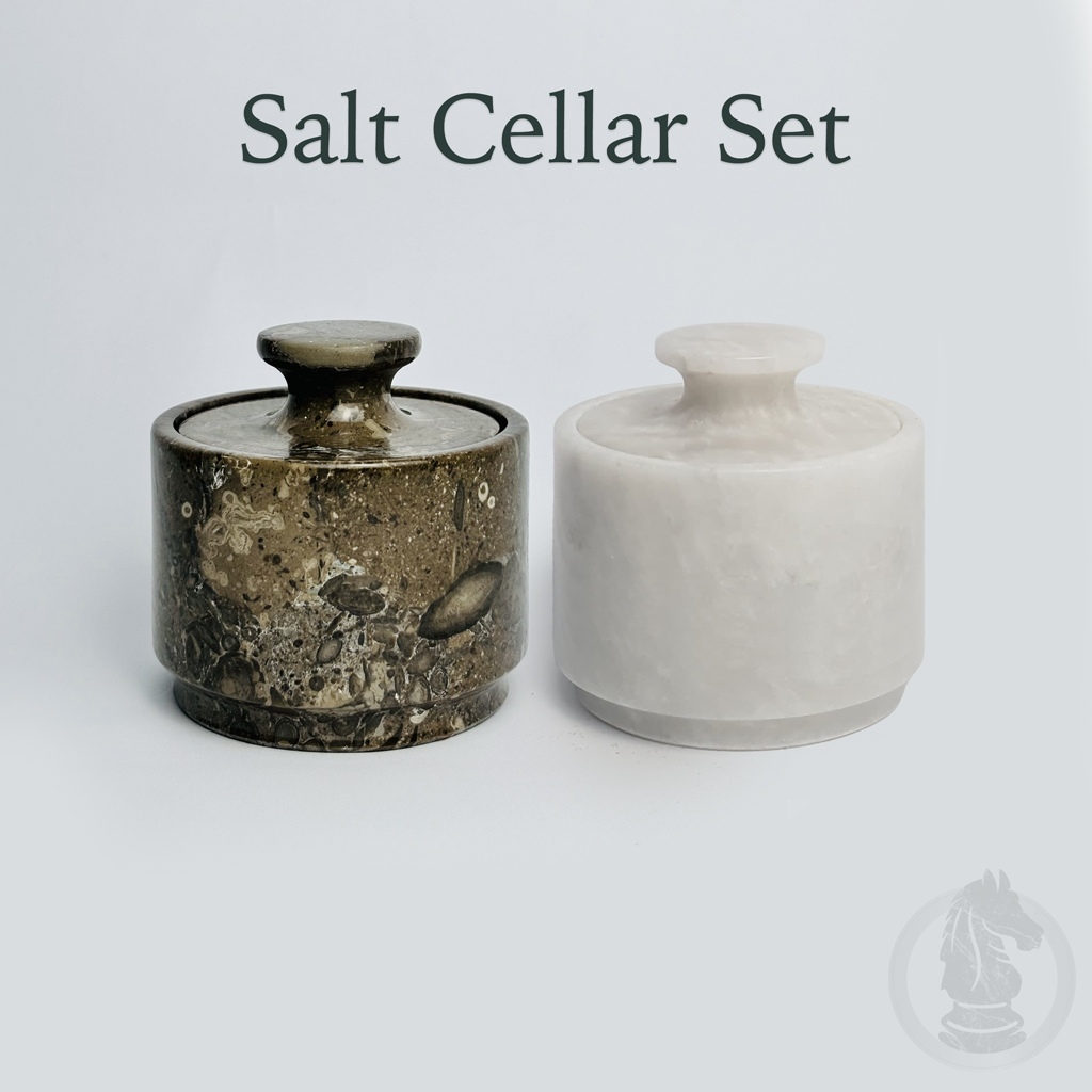White and oceanic marble salt cellar set of 2 lidded pieces for kitchen storage