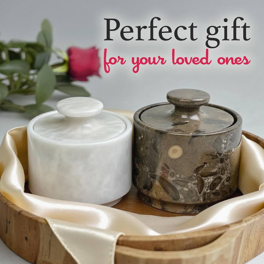White and oceanic marble salt cellar set of 2 lidded pieces for kitchen storage