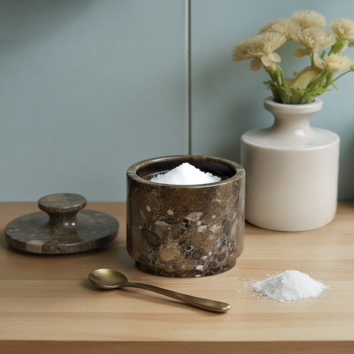 White and oceanic marble salt cellar set of 2 lidded pieces for kitchen storage
