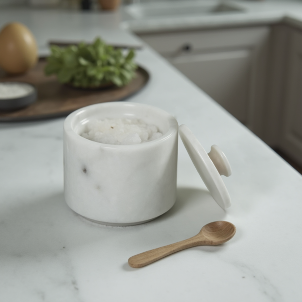 White and oceanic marble salt cellar set of 2 lidded pieces for kitchen storage