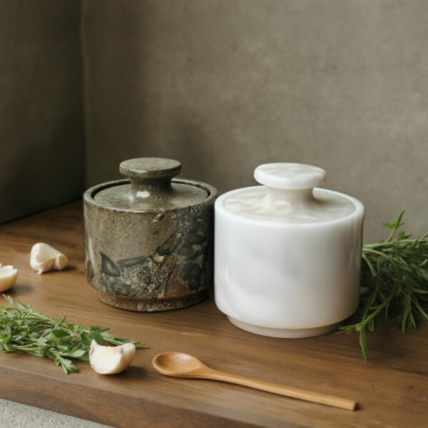 White and oceanic marble salt cellar set of 2 lidded pieces for kitchen storage