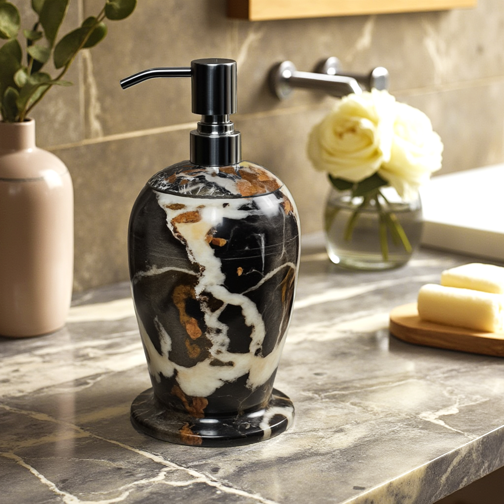 Handmade Marble Liquid Soap Dispenser – Stylish, Durable & Refillable for Soap, Lotion, or Sanitizer – Black & Gold