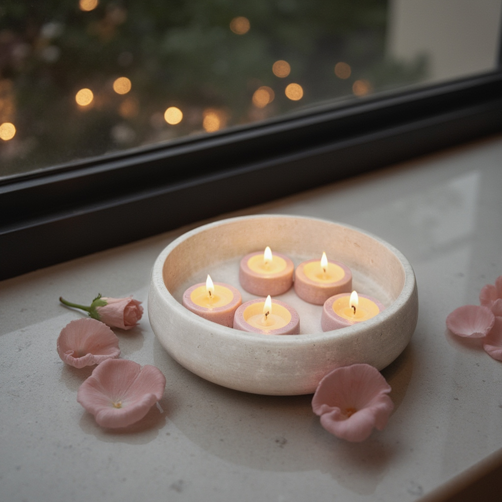 Natural stone travertine bowl used as elegant centerpiece with lit candles for home decor