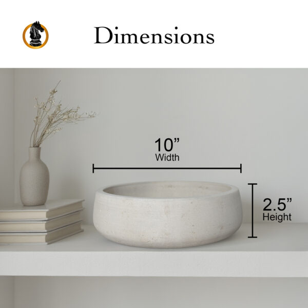 Travertine decorative bowl dimensions showing 10 inch diameter and 2.5 inch height specifications