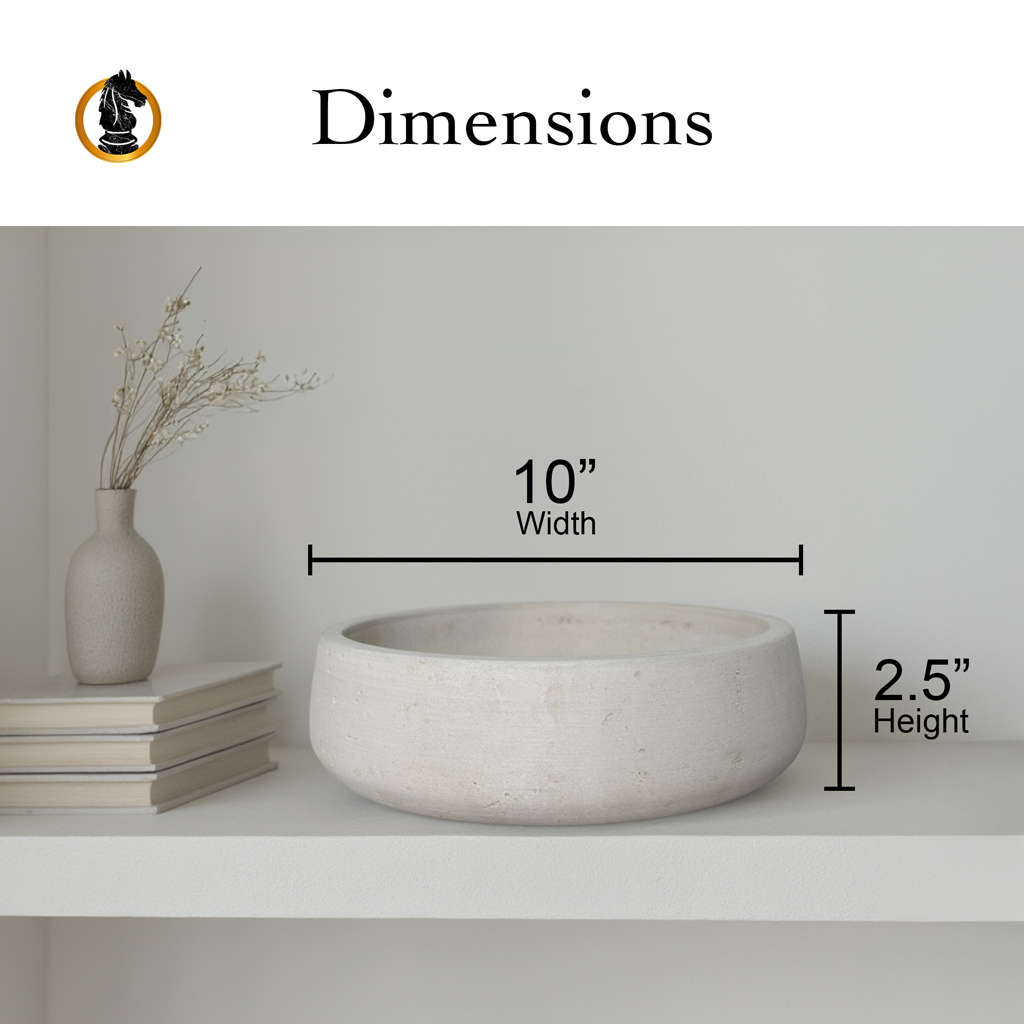 Travertine decorative bowl dimensions showing 10 inch diameter and 2.5 inch height specifications