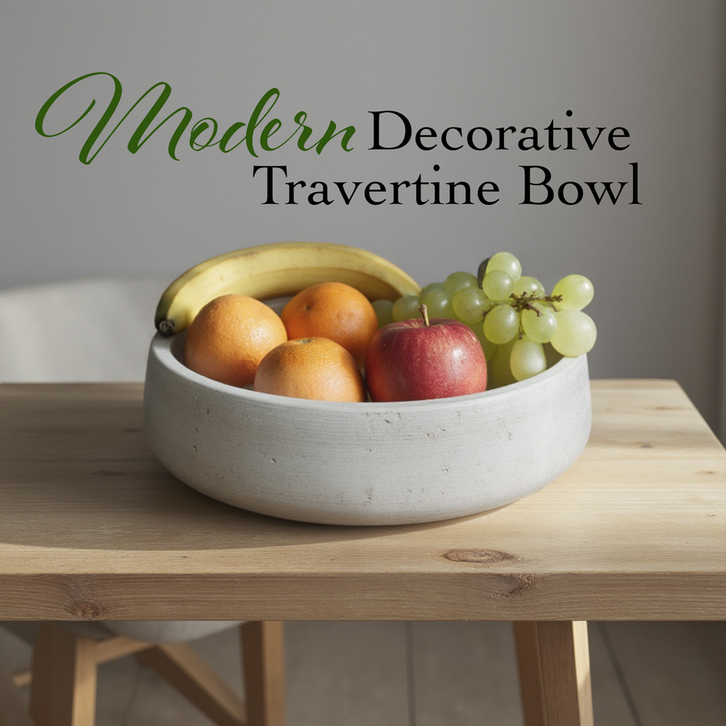 Handcrafted travertine bowl displaying fresh fruits as kitchen counter centerpiece
