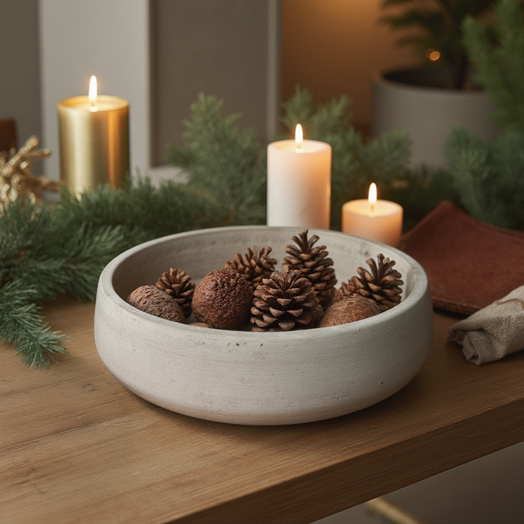Modern travertine centerpiece bowl styled with candles and decorative balls for living room