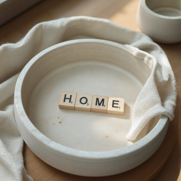 Natural stone travertine bowl engraved with HOME text as personalized home decor accent