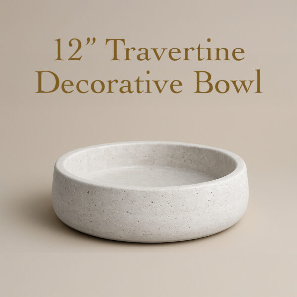12 inch large travertine decorative bowl with natural cream stone finish and smooth texture