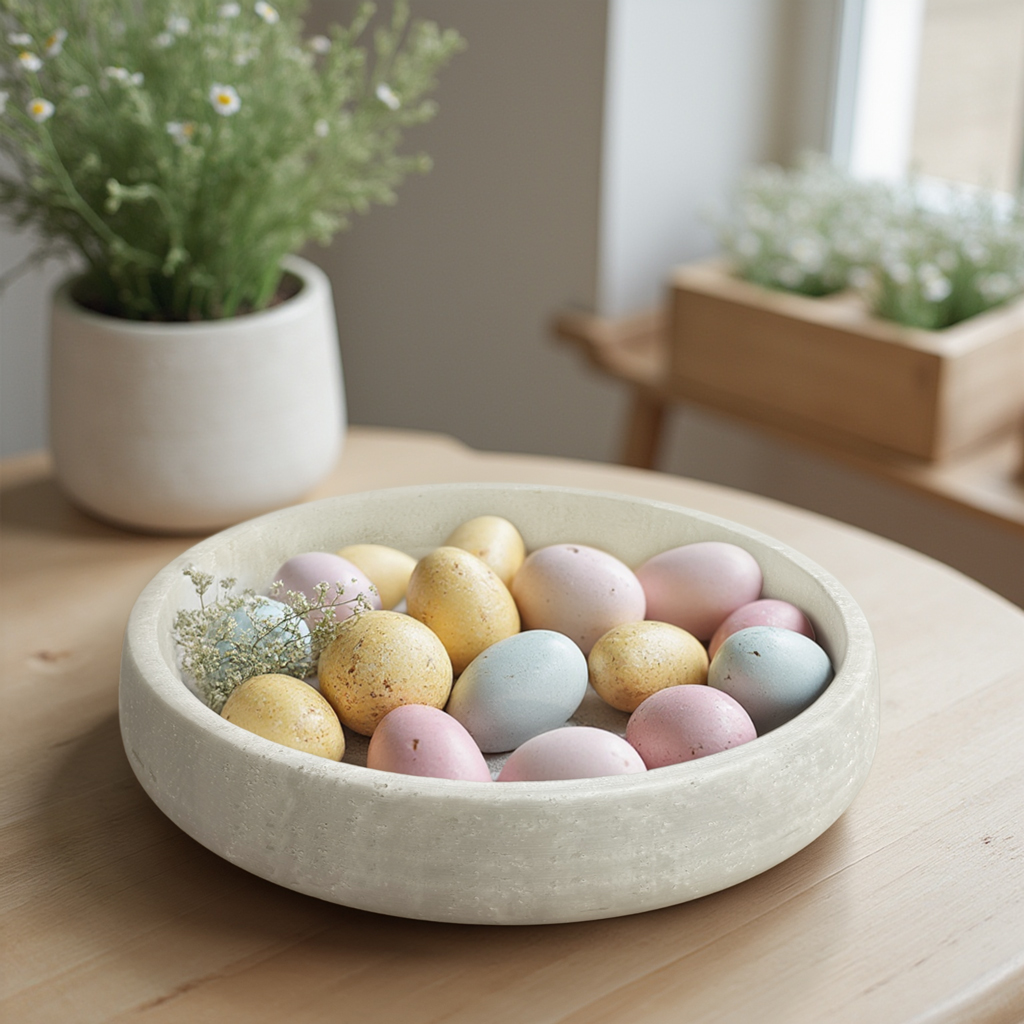 Large travertine bowl 12 inch styled with white decorative spheres as modern centerpiece