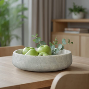 12 inch travertine stone bowl displaying fresh green produce as kitchen counter accent