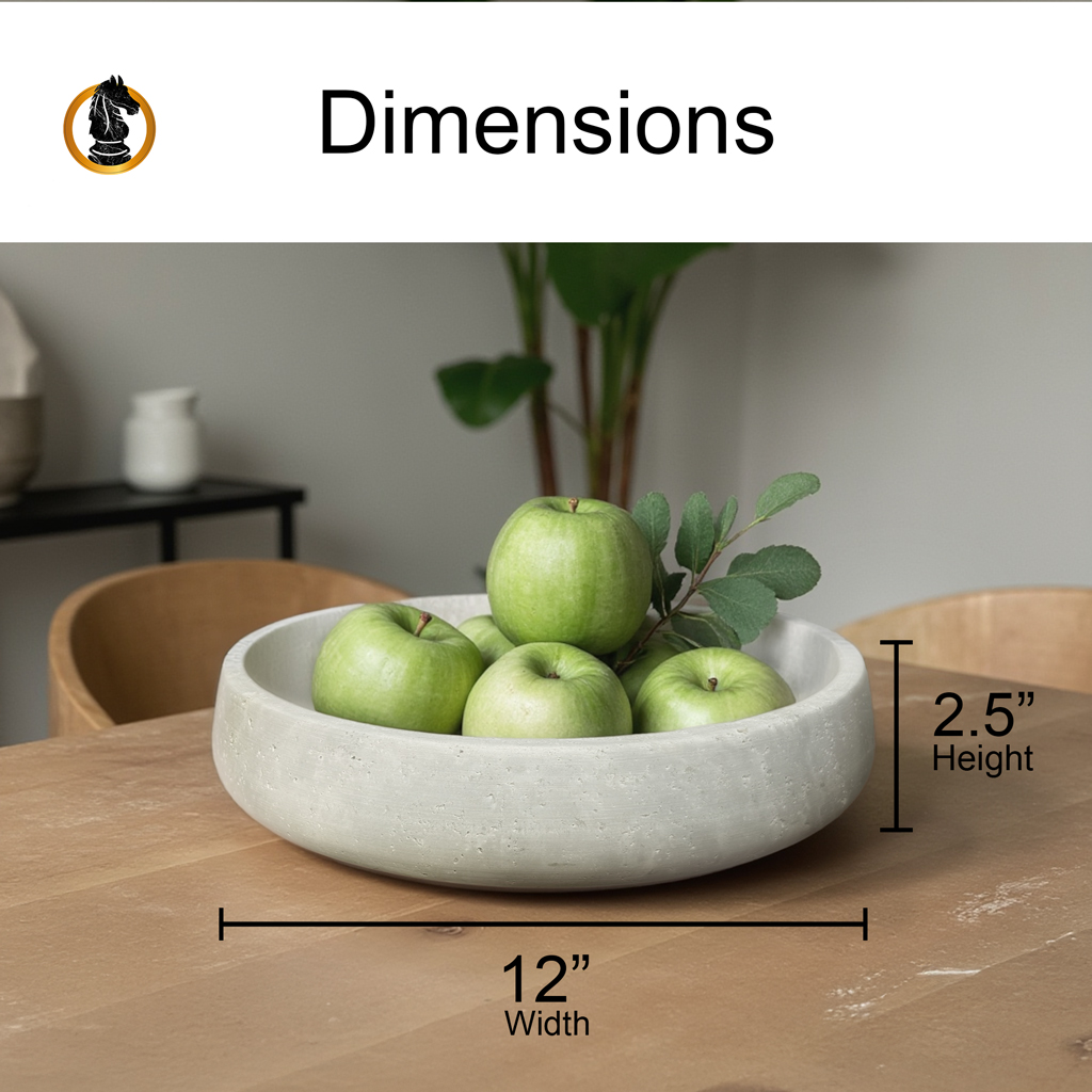 Large travertine decorative bowl dimensions showing 12 inch diameter and 3 inch height specifications
