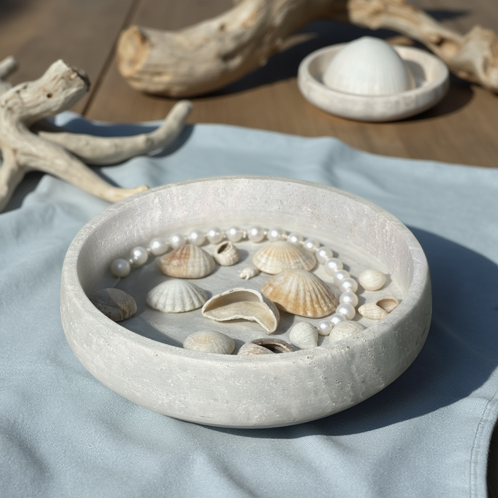 Natural stone travertine bowl 12 inch filled with decorative potpourri for home fragrance