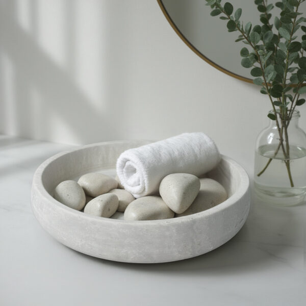12 inch handcrafted travertine bowl displaying natural river stones as spa-inspired decor