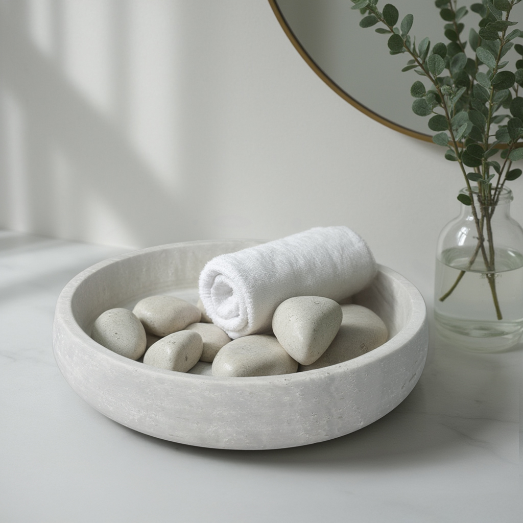 12 inch handcrafted travertine bowl displaying natural river stones as spa-inspired decor