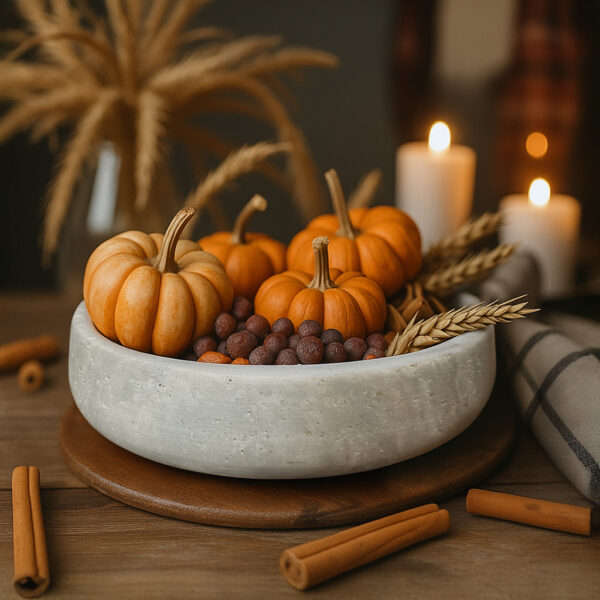 Oversized travertine stone bowl styled with seasonal decorative elements for dining table centerpiece