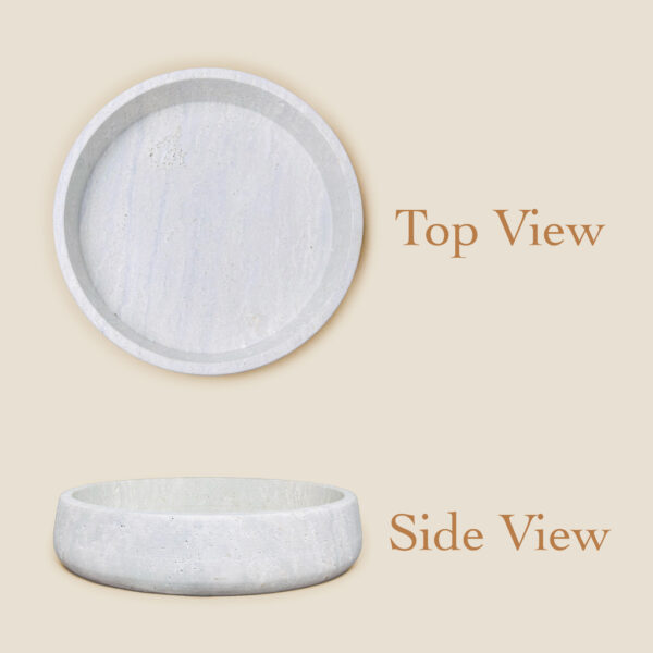 Travertine stone bowl shown in top and side view angles revealing circular shape and natural depth