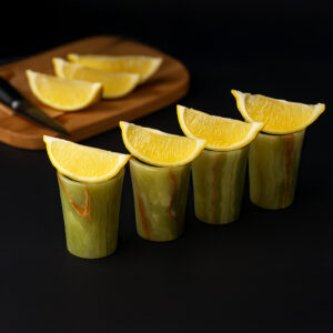 Luxury marble shot glasses – handcrafted stone drink cups with lemon slices