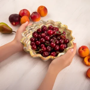 Marble flower bowl fresh cherries handcrafted stone fruit serving dish scalloped edge kitchen centerpiece