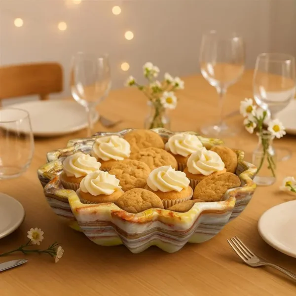Marble flower bowl cupcakes dessert serving scalloped edge handcrafted stone centerpiece dining table party dish