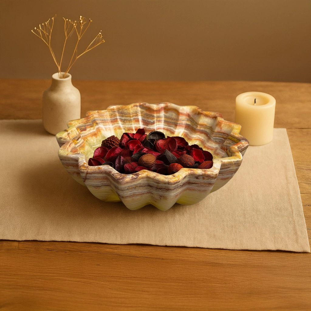 10 inch marble decorative bowl dried rose petals artisan stone serving dish scalloped design table centerpiece