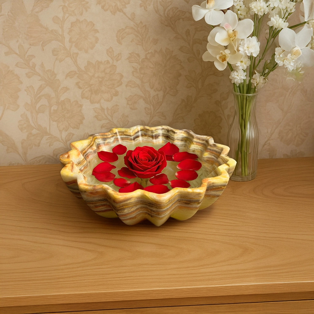 Handcrafted marble flower bowl fresh red roses romantic centerpiece stone decorative dish dining room decor