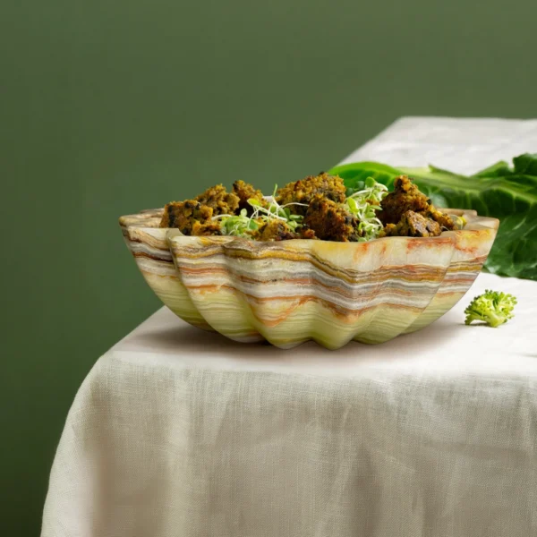 Marble flower fruit bowl food serving dish scalloped design kitchen tableware handcrafted stone dining bowl