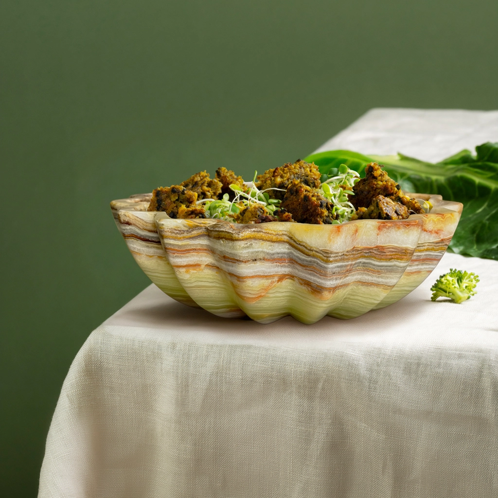 Marble flower fruit bowl food serving dish scalloped design kitchen tableware handcrafted stone dining bowl