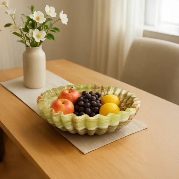 Marble flower fruit bowl with fresh apples grapes lemons dining table centerpiece decor