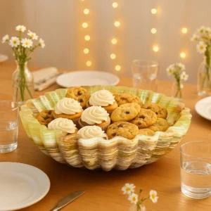 Marble serving bowl filled with cupcakes desserts party table centerpiece elegant setup