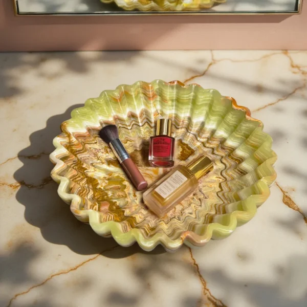 Marble flower bowl decorative tray holding cosmetics beauty items elegant vanity display