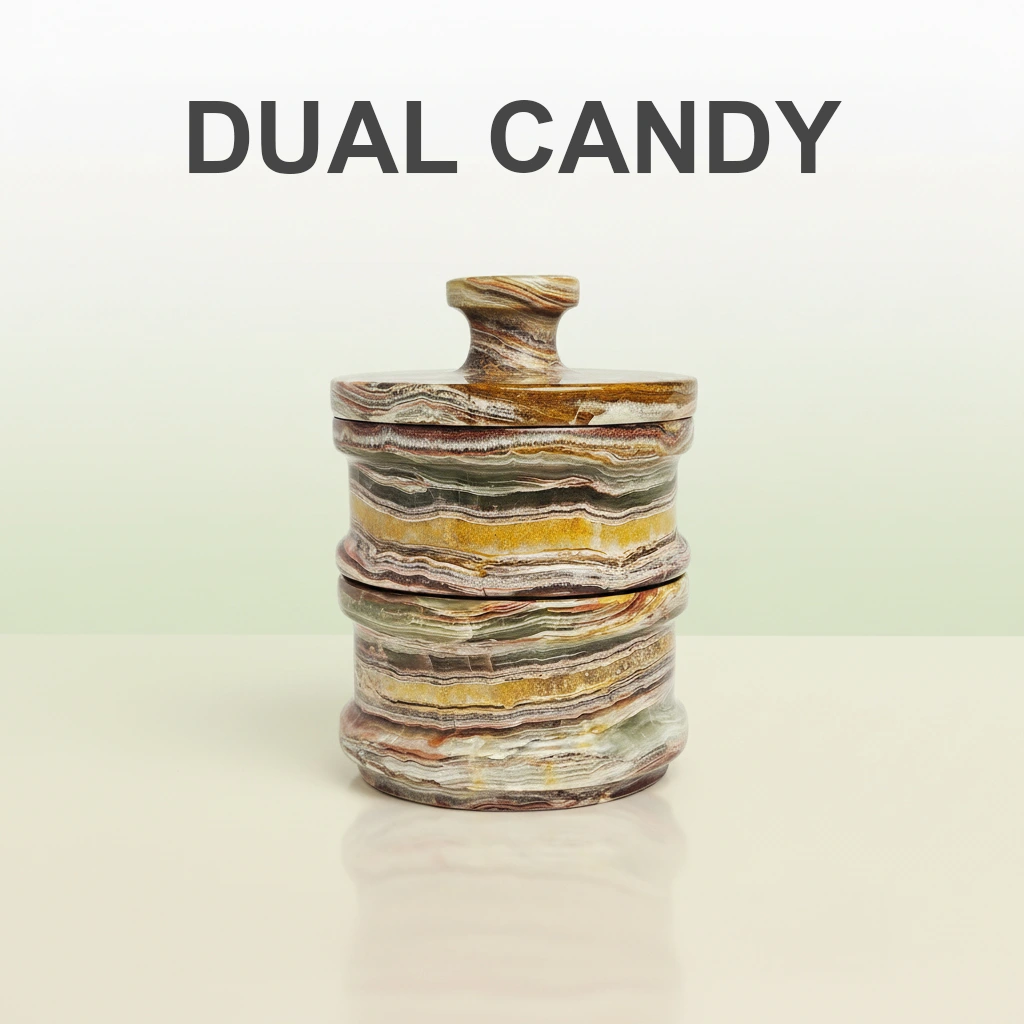 Onyx marble stacked candy jars with natural multicolored banding patterns including brown, green, and golden tones