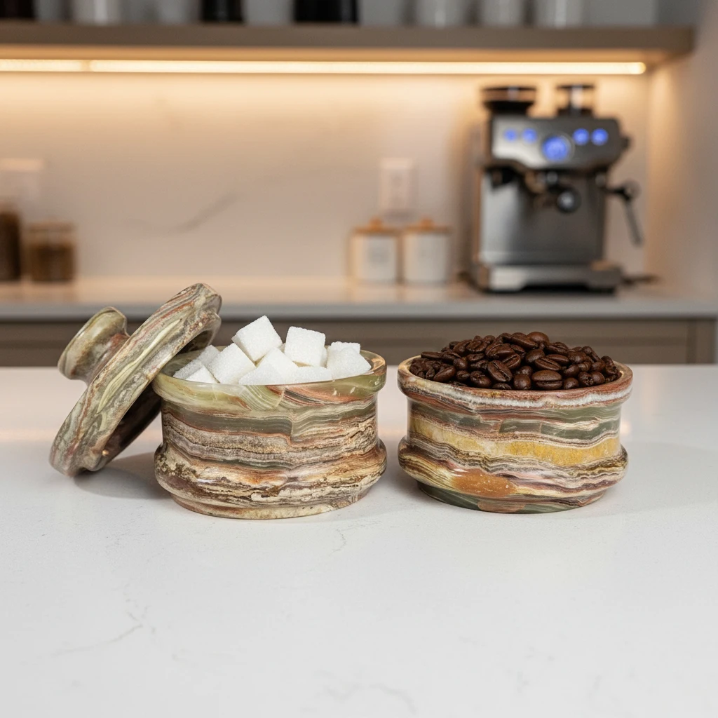 Two onyx marble candy jars on kitchen counter, one with sugar cubes lid open, one with coffee beans, espresso machine in background