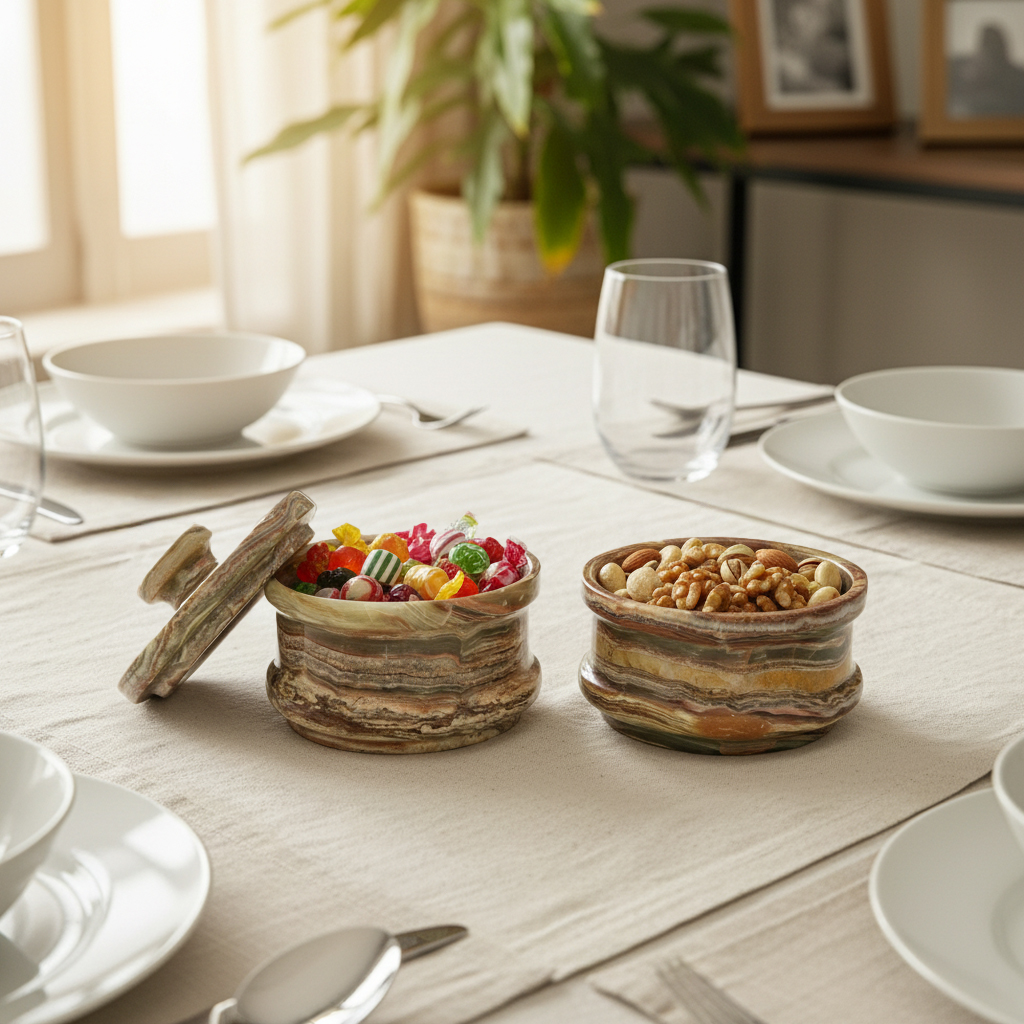 Onyx marble stacked storage jars on white dining table, one with colorful candies, one with cashews, elegant table setting