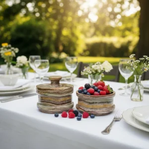 Onyx marble candy jars at outdoor garden party table with fresh berries, wine glasses, and flowers, natural daylight