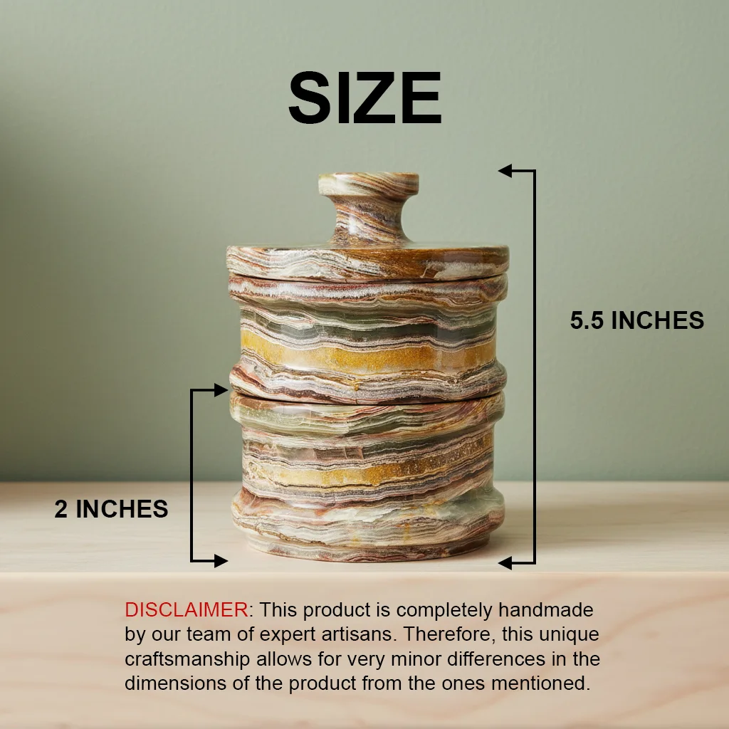 Onyx marble candy container dimensions: 5.5 inches height, 2 inches width, handmade with natural stone variations