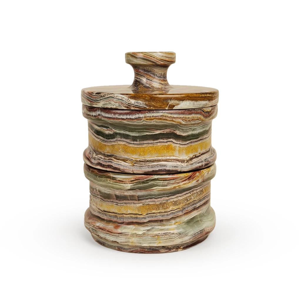 Onyx marble dual candy container with stacked design, featuring multicolored layered stone with brown, green, yellow veining and knob lid